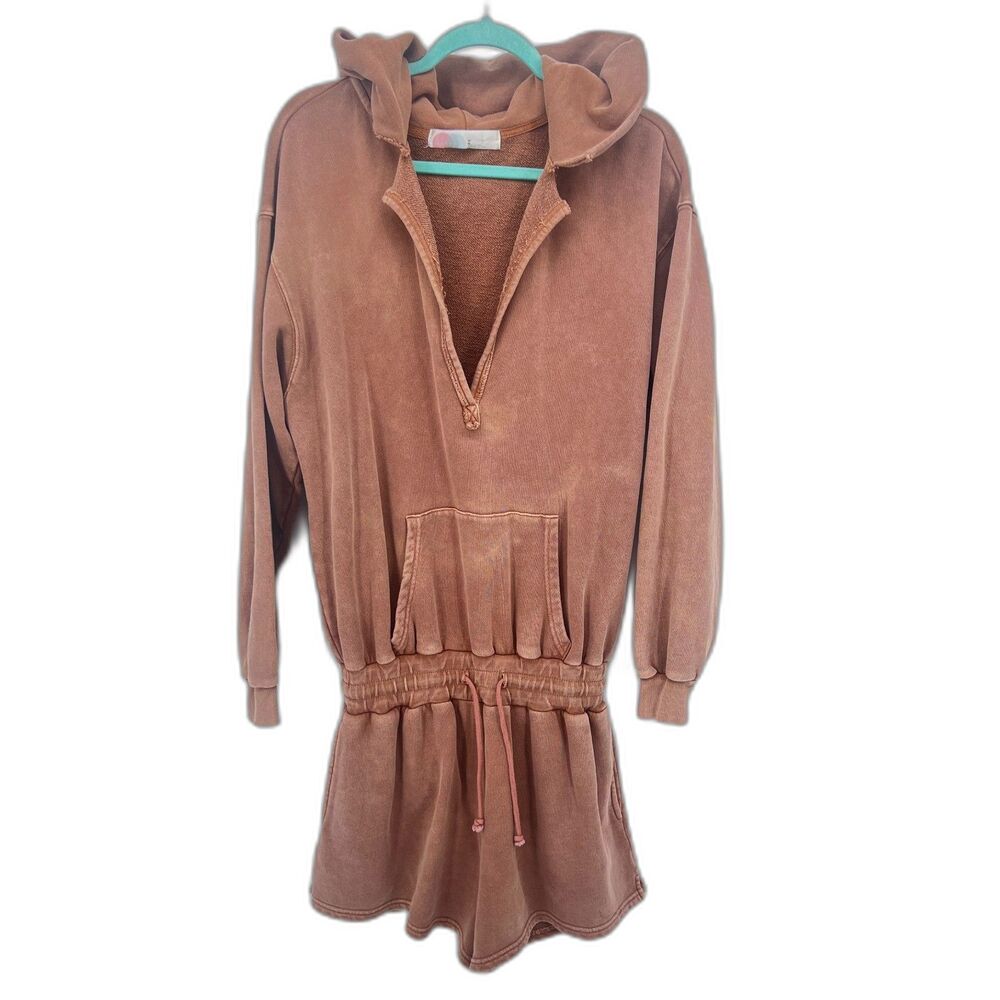 Free People Beach Kickin It Romper 100% Romper Cozy Hooded Boho Lounge Size MD‎